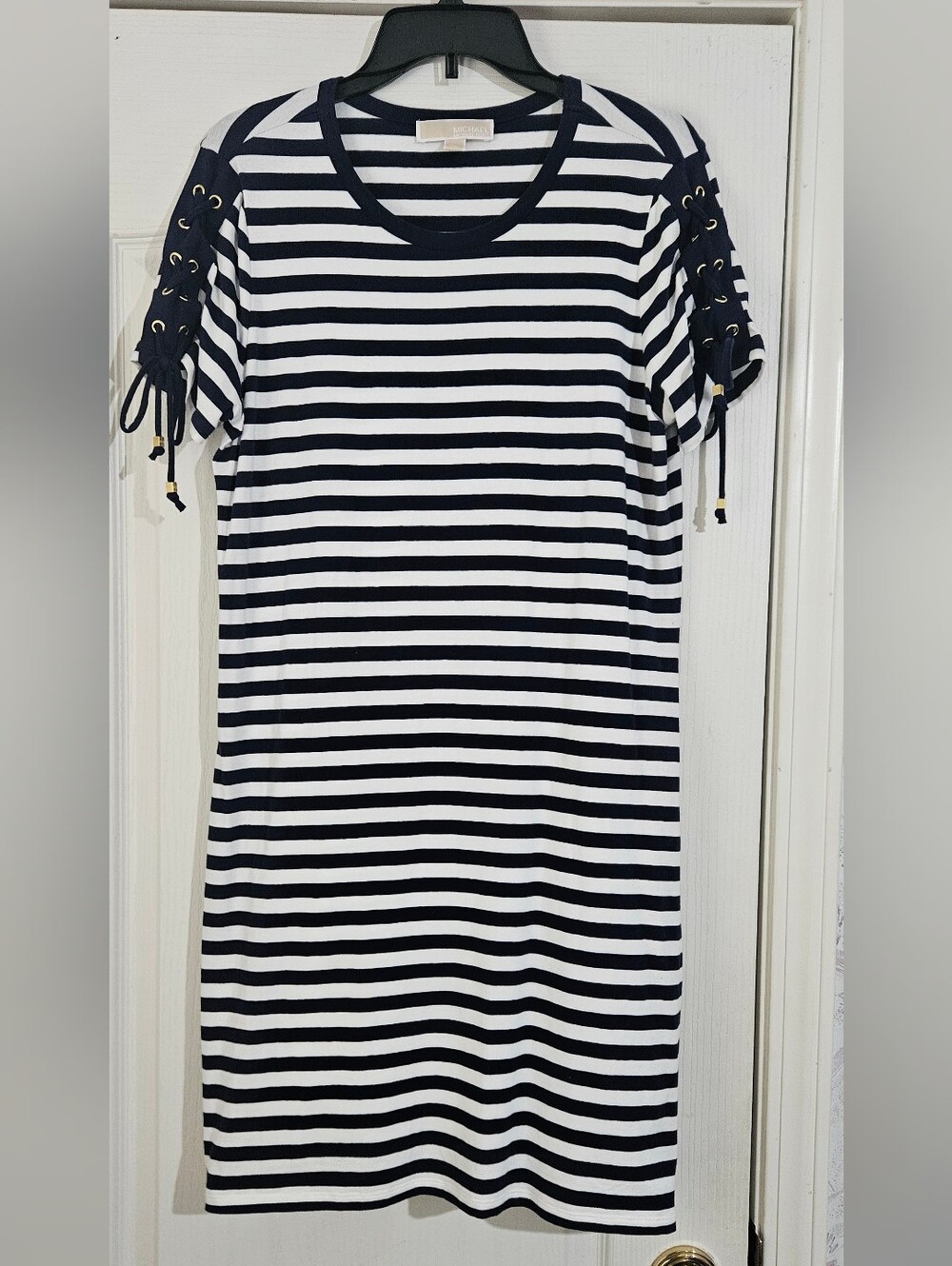 Michael Kors Striped Navy and White Lace-Up Sleeve Dress